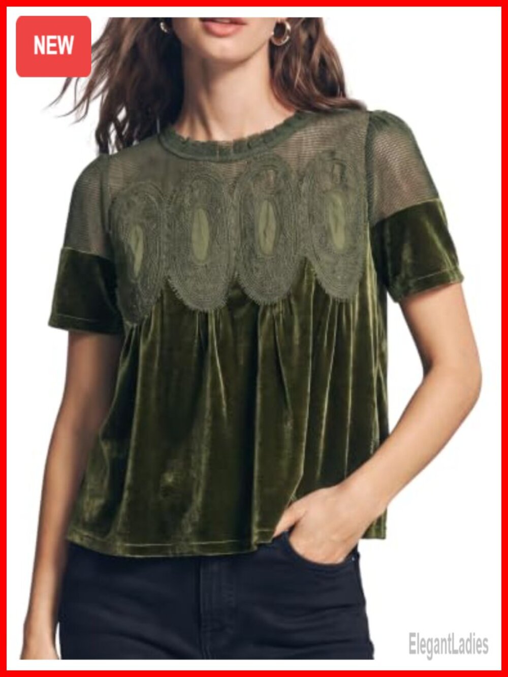 Velvet Lace Blouse Short Sleeve Flowy Top